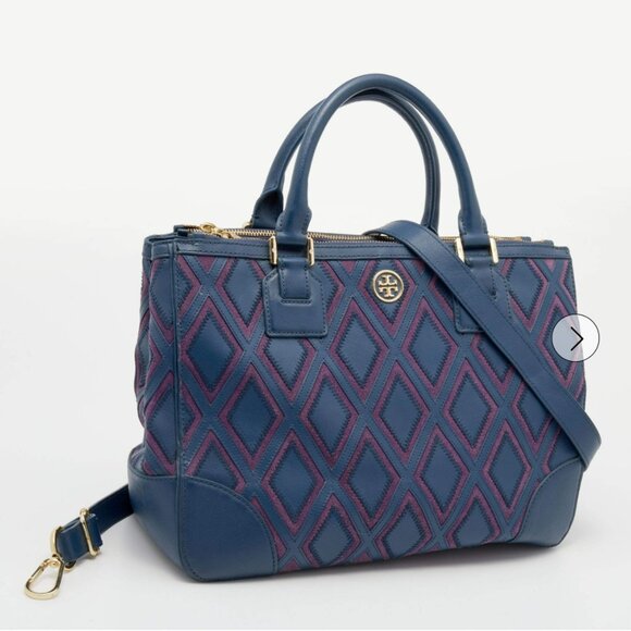 Tory Burch Blue/Purple Robinson Patchwork Double Zip Tote - Picture 2 of 11